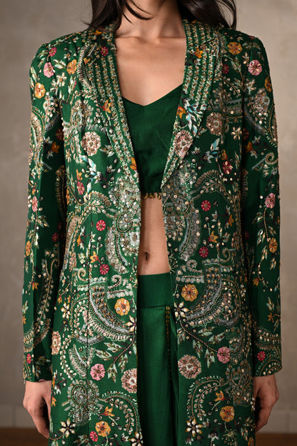 Green Silk Draped Skirt Set With Embroidered Long Jacket