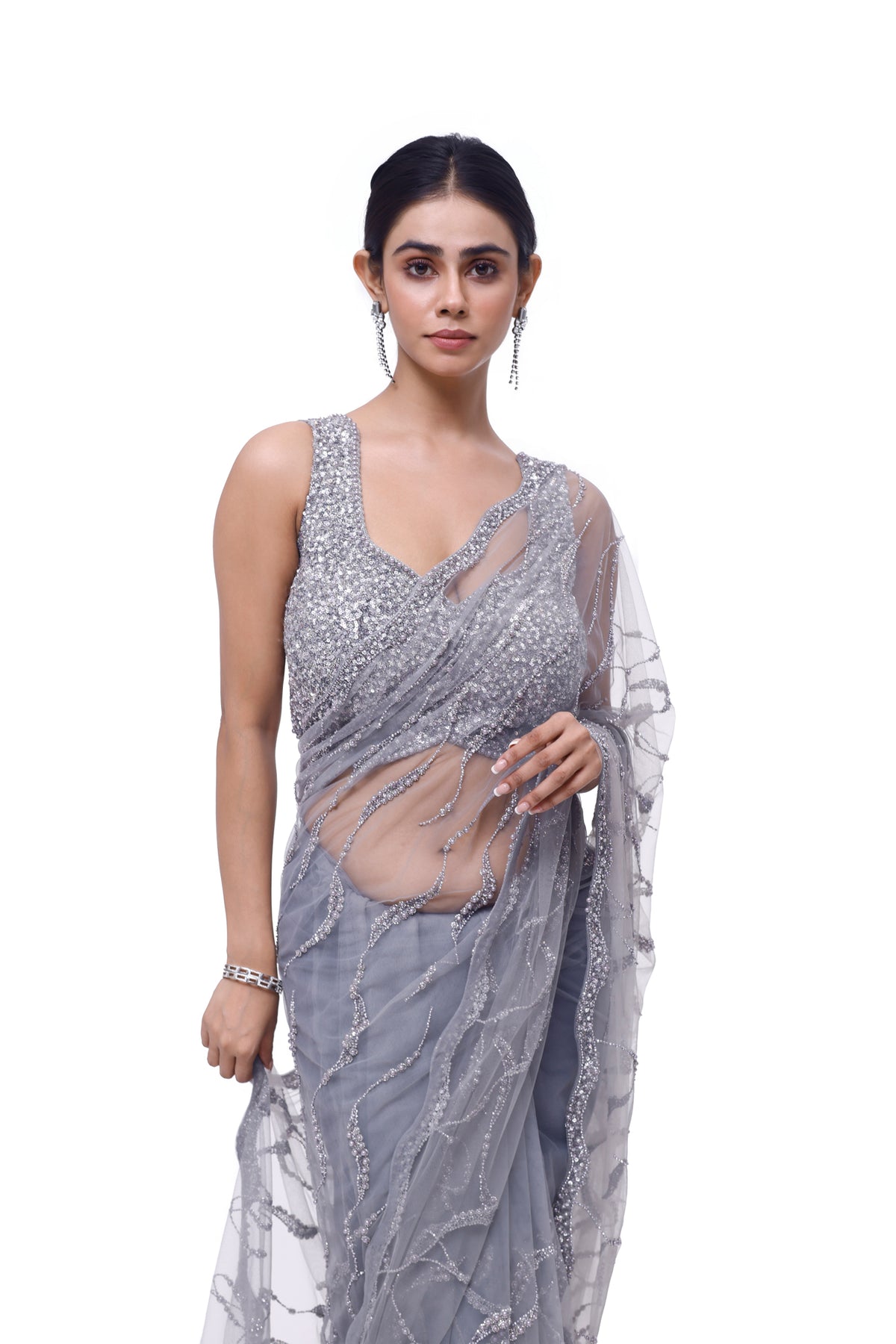 Ash Embellished Net Saree