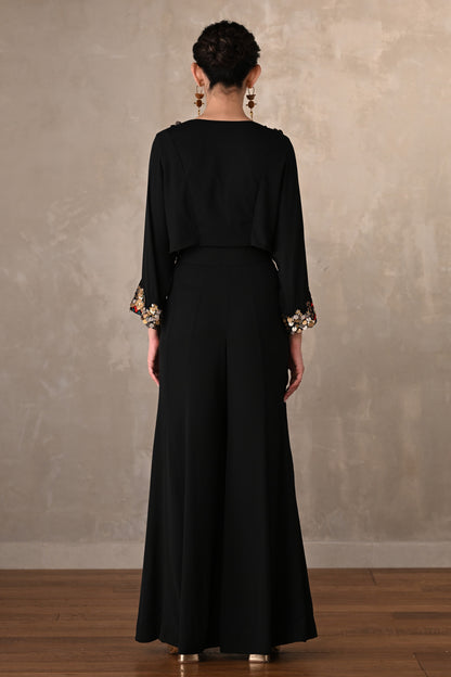 Black Georgette Embroidered Crop Top With Wide-Leg Trousers