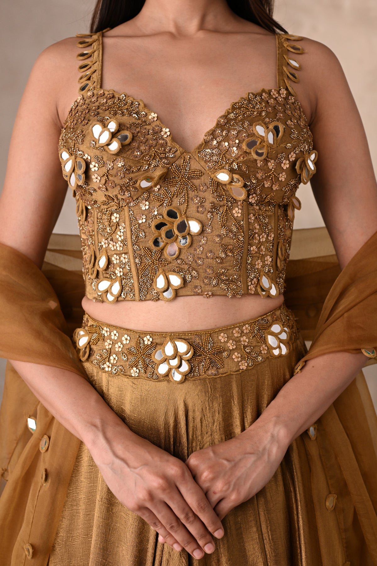 Gold Mirage Satin Crepe Lehenga Set