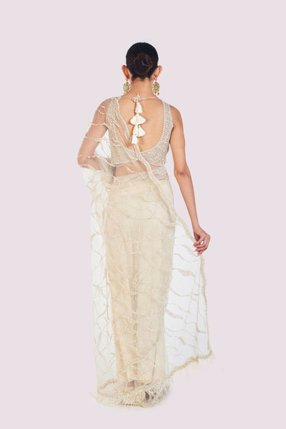Ivory Embellished Net Saree