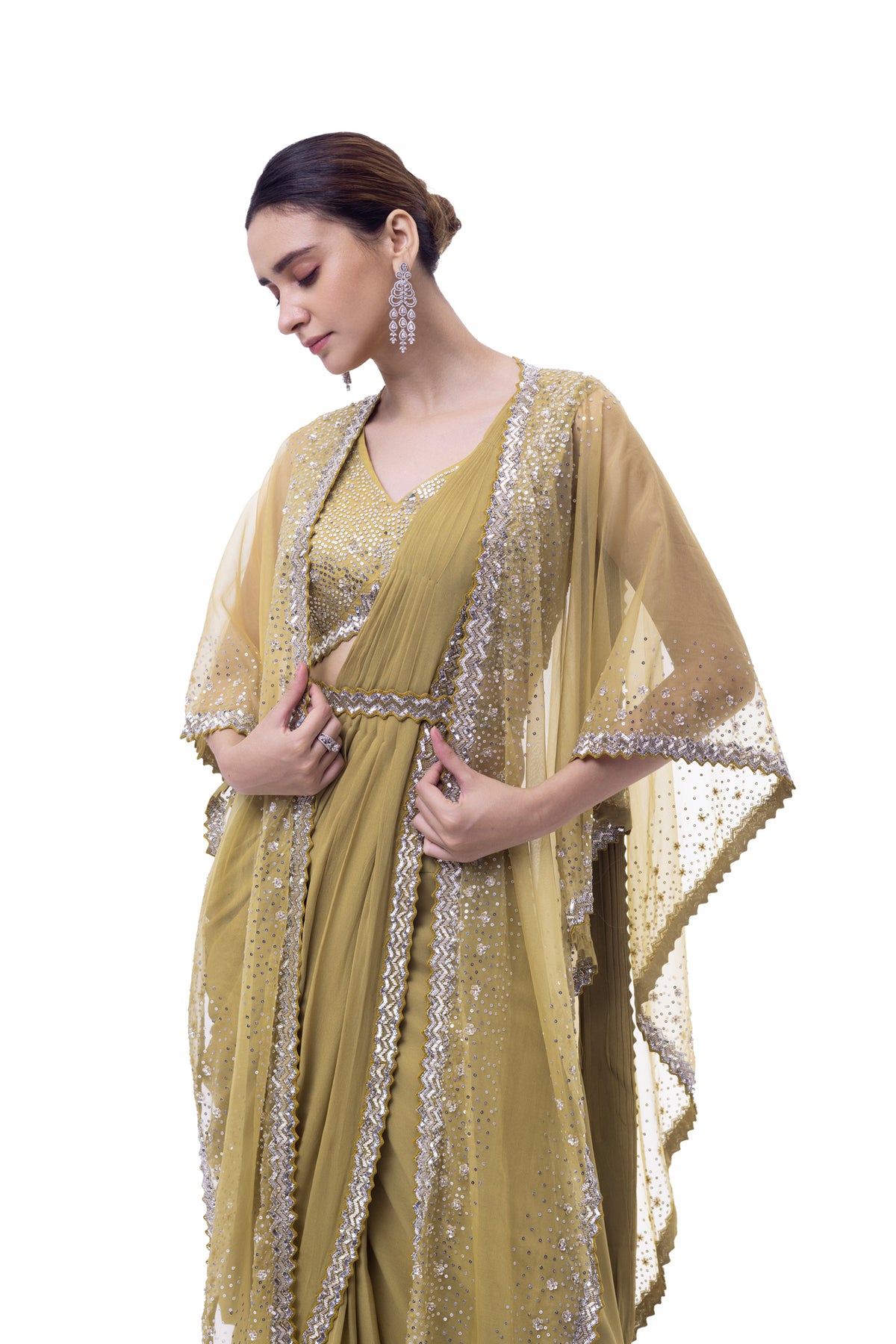 Lime Yellow Drape Saree With Cape