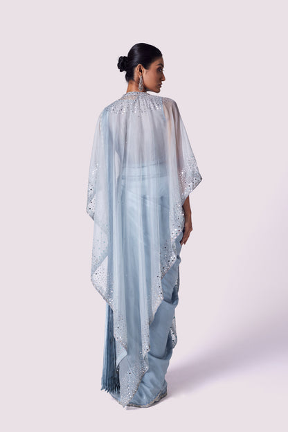 Doctor Blue Drape Saree With Cape