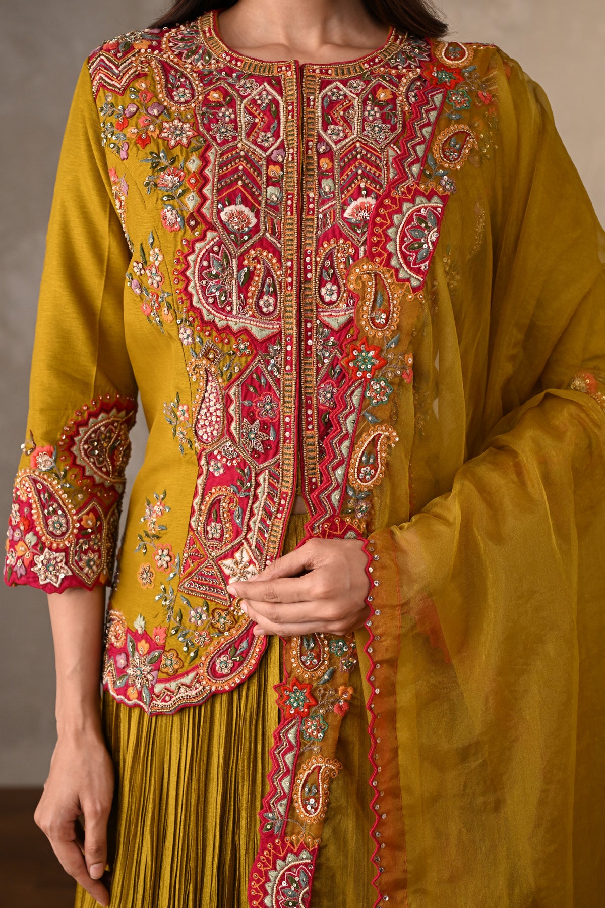 Mustard Rouge Crushed Organza Lehenga Set