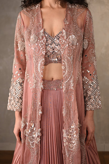 Rosewood Radiance Embellished Skirt Set With Cape