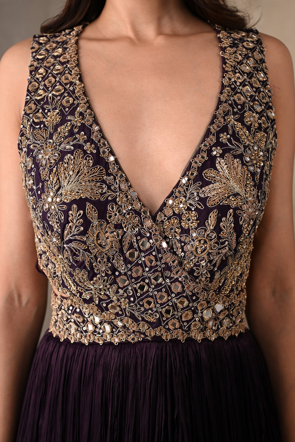 Moss Mirror Embroidered Pleated Gown