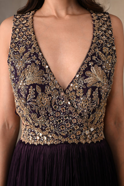 Moss Mirror Embroidered Pleated Gown