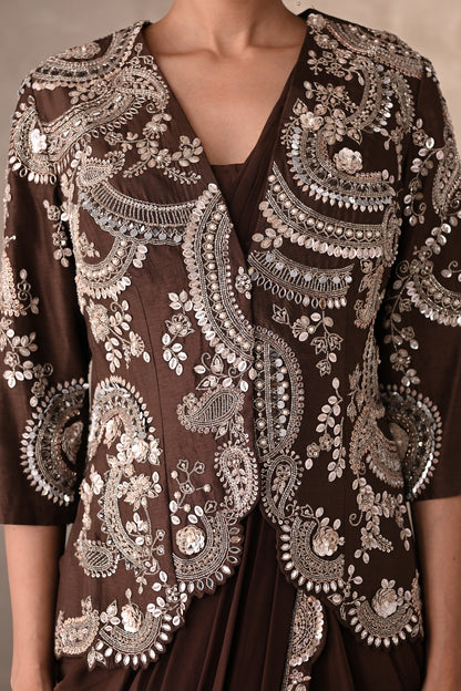 Smoky Crepe Drape Saree With Embroidered Jacket