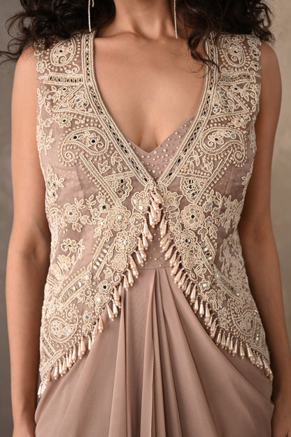 Beige Embellished Gown With Short Jacket