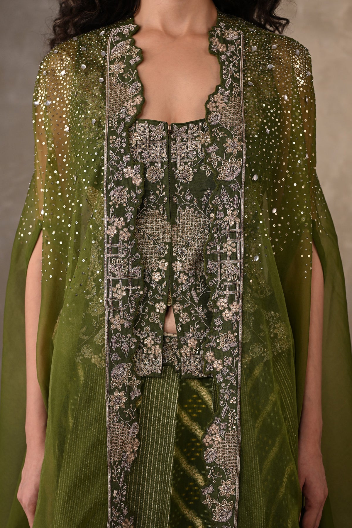 Green Regal Brocade Cape Lehenga Set