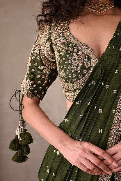 Zariya Olive Embroidered Drape Saree