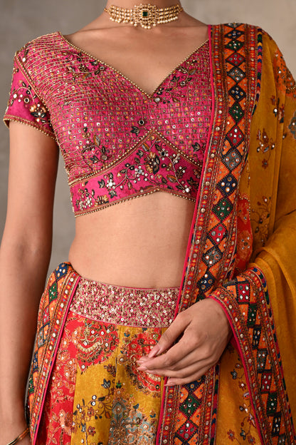 Multicolour Panelled Silk Embroidered Lehenga Set