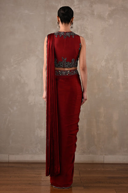Maroon Embroidered Drape Saree Set