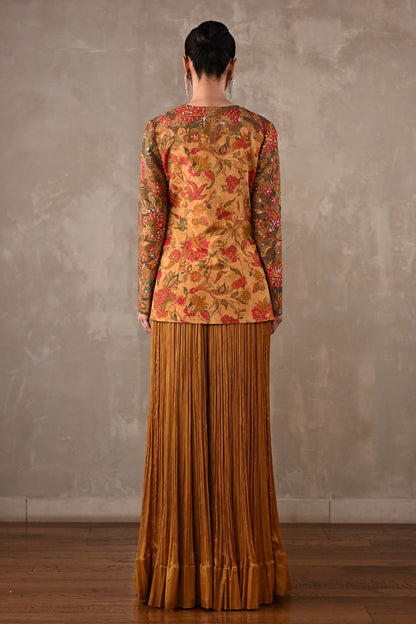 Embellished Floral Jacket & Pleated Palazzo Set