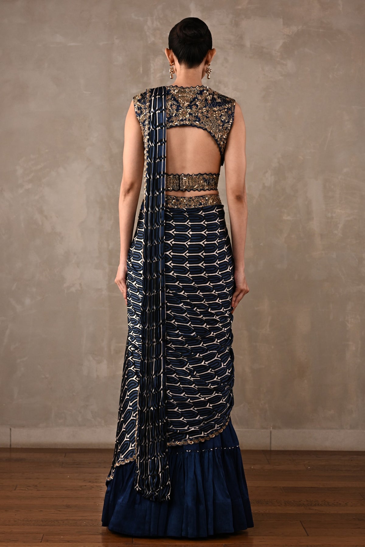 Printed Embroidered Drape Saree Set