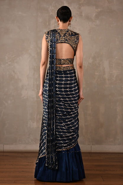 Printed Embroidered Drape Saree Set