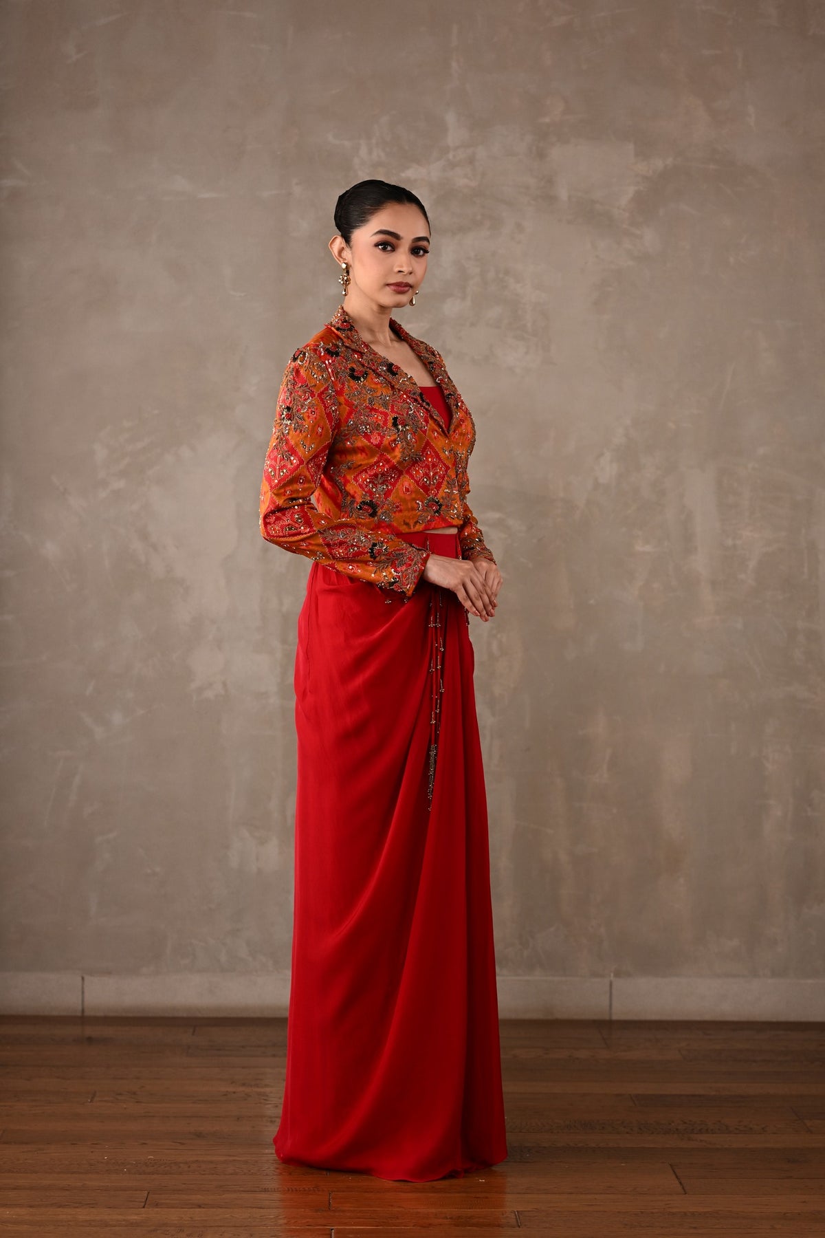Pochampally Cropped Jacket & Drape Skirt Set