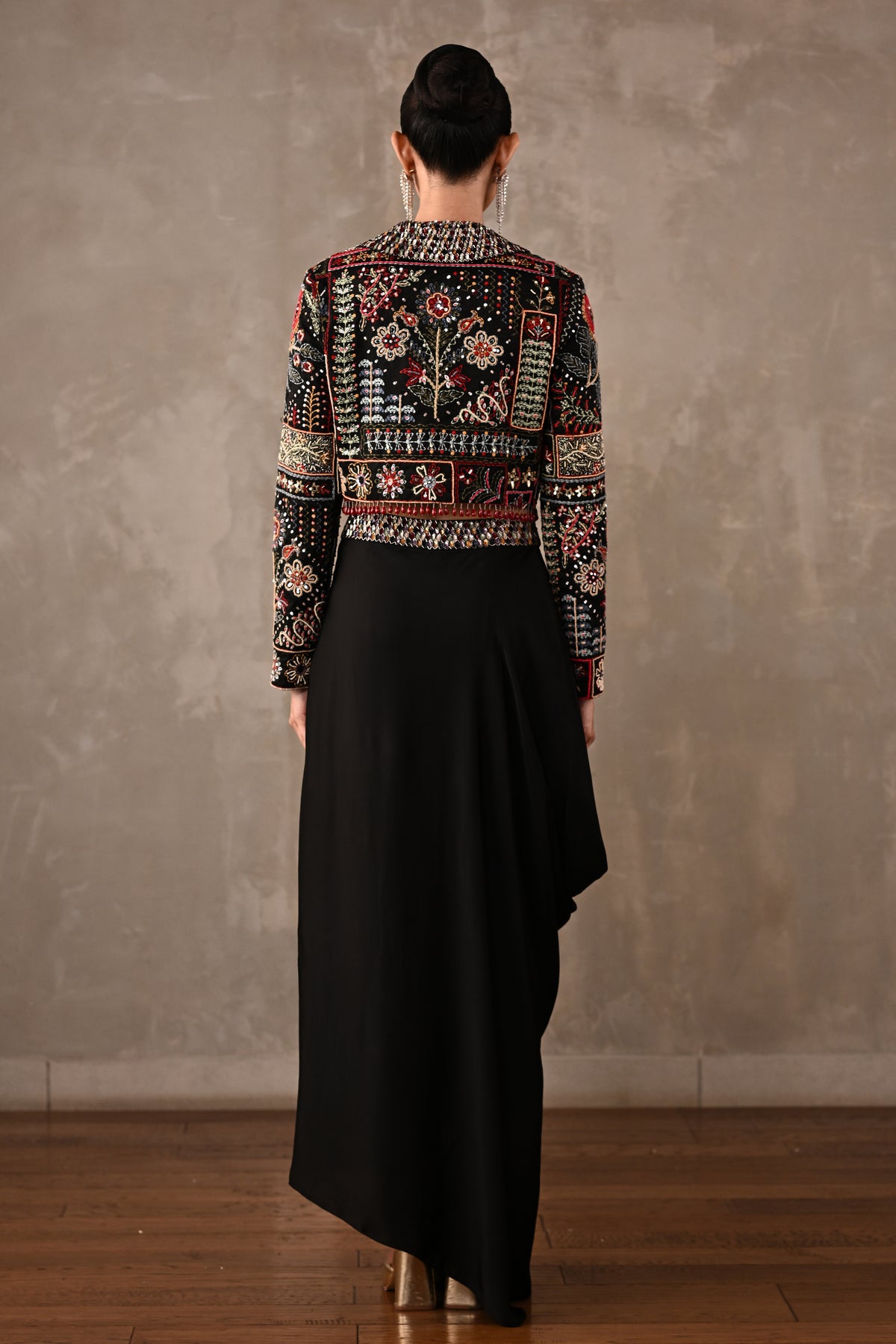 Multicolour Embroidered Cropped Jacket & Skirt Set