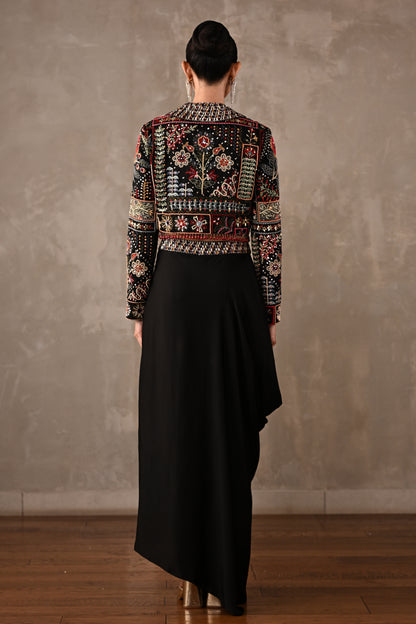 Multicolour Embroidered Cropped Jacket & Skirt Set