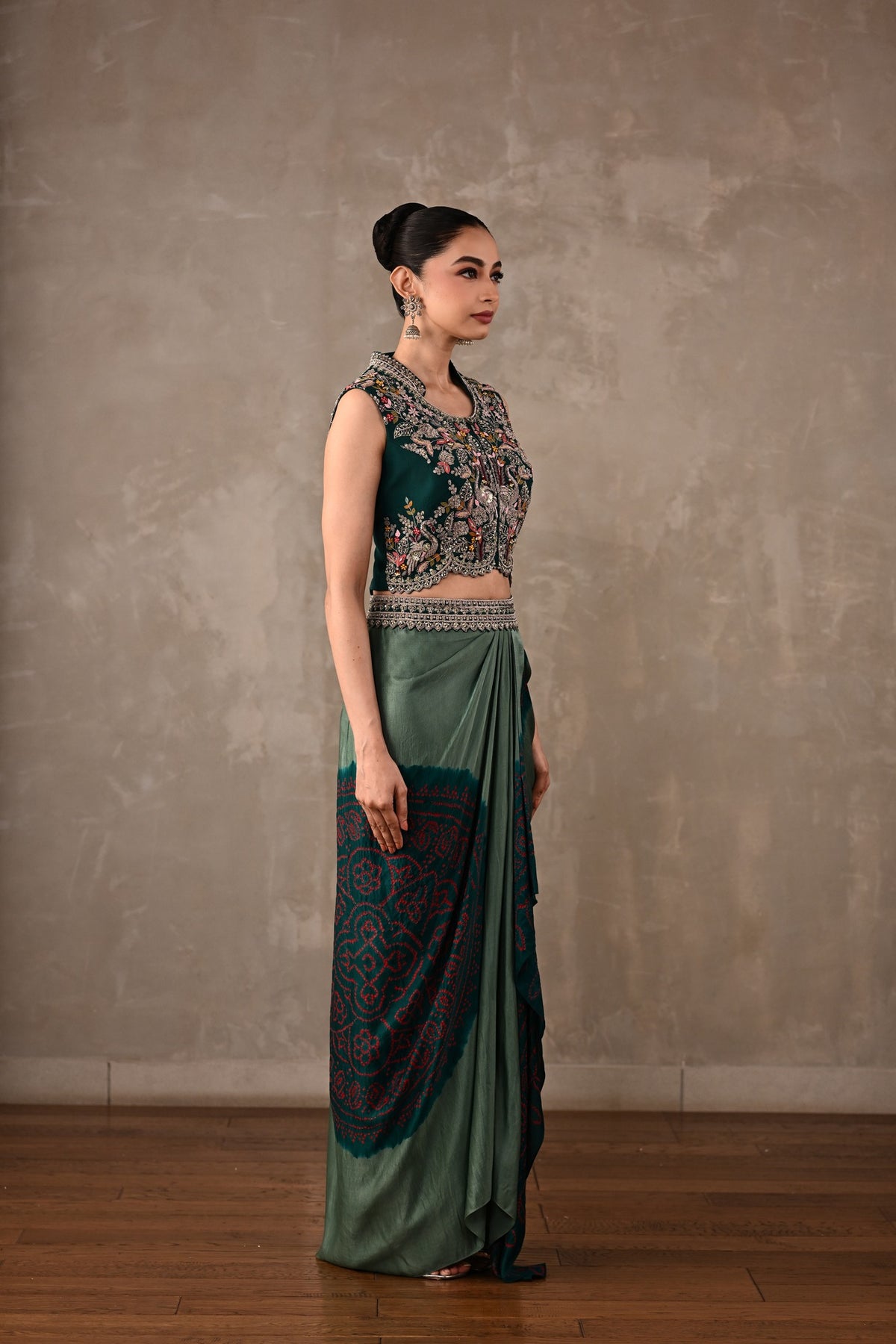 Embroidered Crop Top & Bandhej Drape Skirt Set