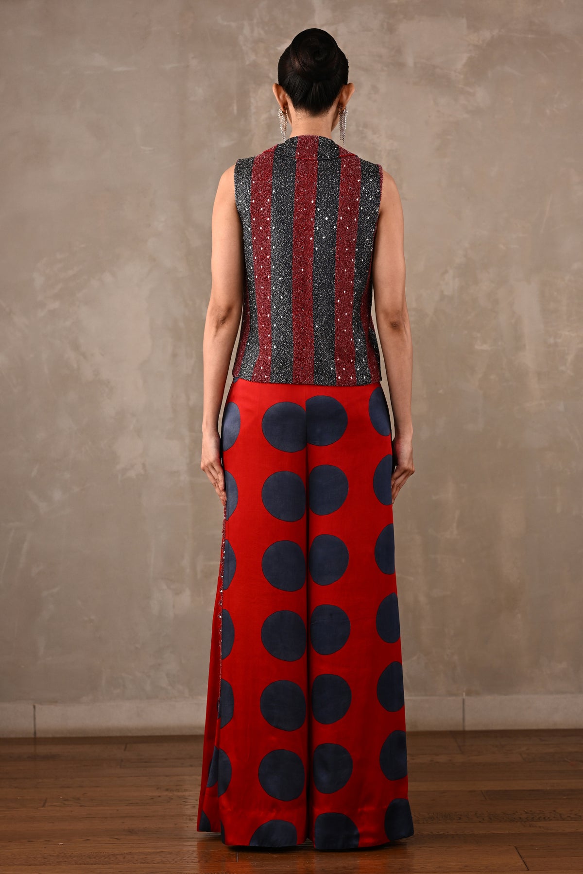 Embellished Vest & Polka Wide-Leg Pants Set