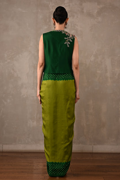 Zardosi Embroidered Top & Bandhej Drape Skirt Set