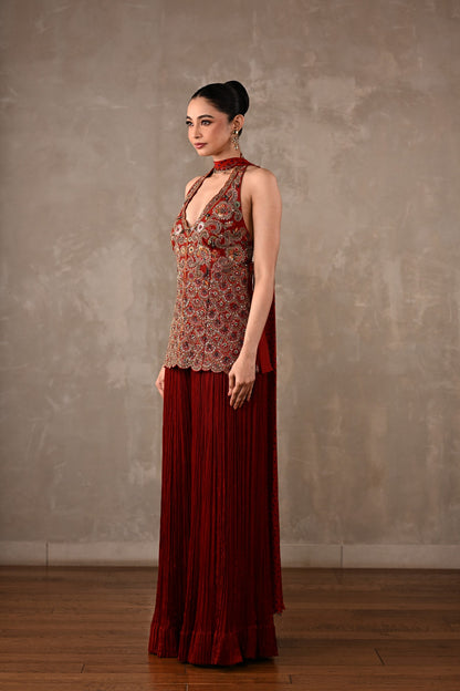 Halter Top with Pleated Pants & Choker Dupatta Set