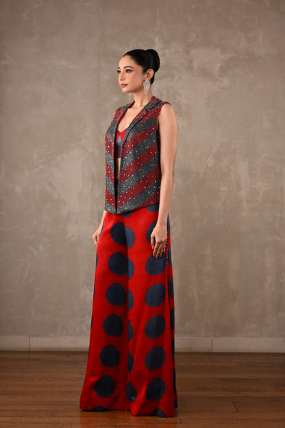 Embellished Vest & Polka Wide-Leg Pants Set