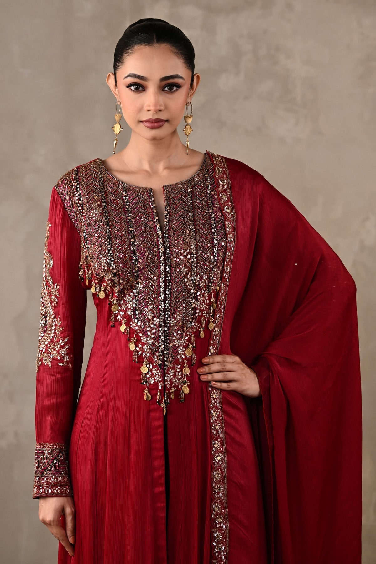 Embellished Satin Chiffon High-Low Kurta Set