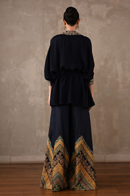 Drawstring Shirt & Chevron Embroidered Pants Set