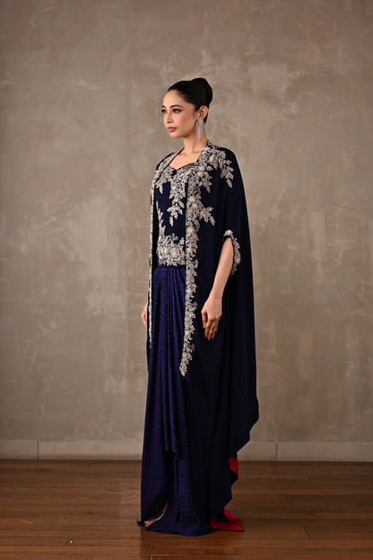 Zardosi Embroidered Cape & Bandhej Drape Skirt Set