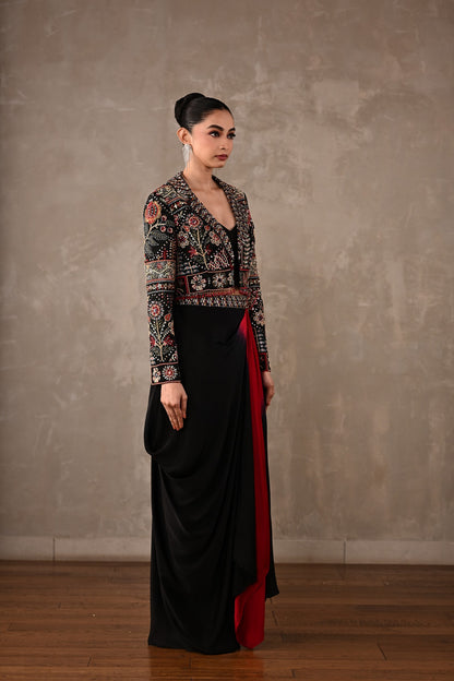 Multicolour Embroidered Cropped Jacket & Skirt Set