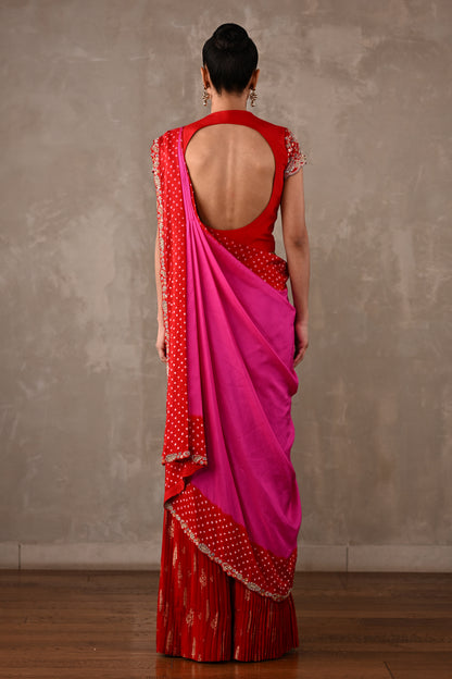 Bandhani Drape Set with Pleated Banarasi Pants