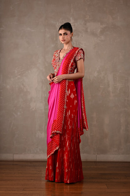 Bandhani Drape Set with Pleated Banarasi Pants