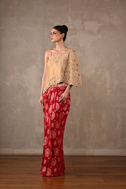 One-Shoulder Embroidered Top & Banarasi Skirt Set