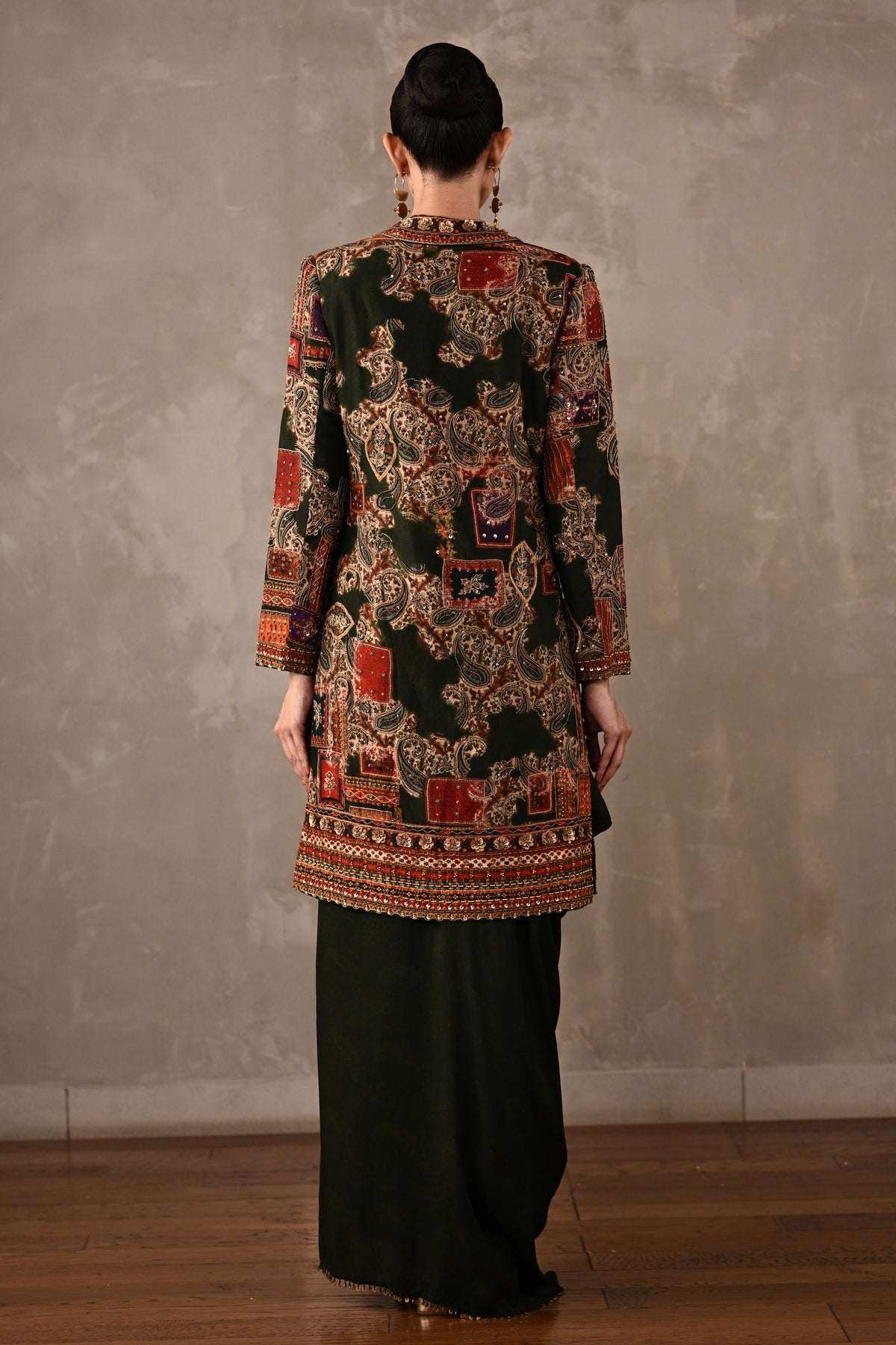 Patchwork-Inspired Long Jacket Skirt Set