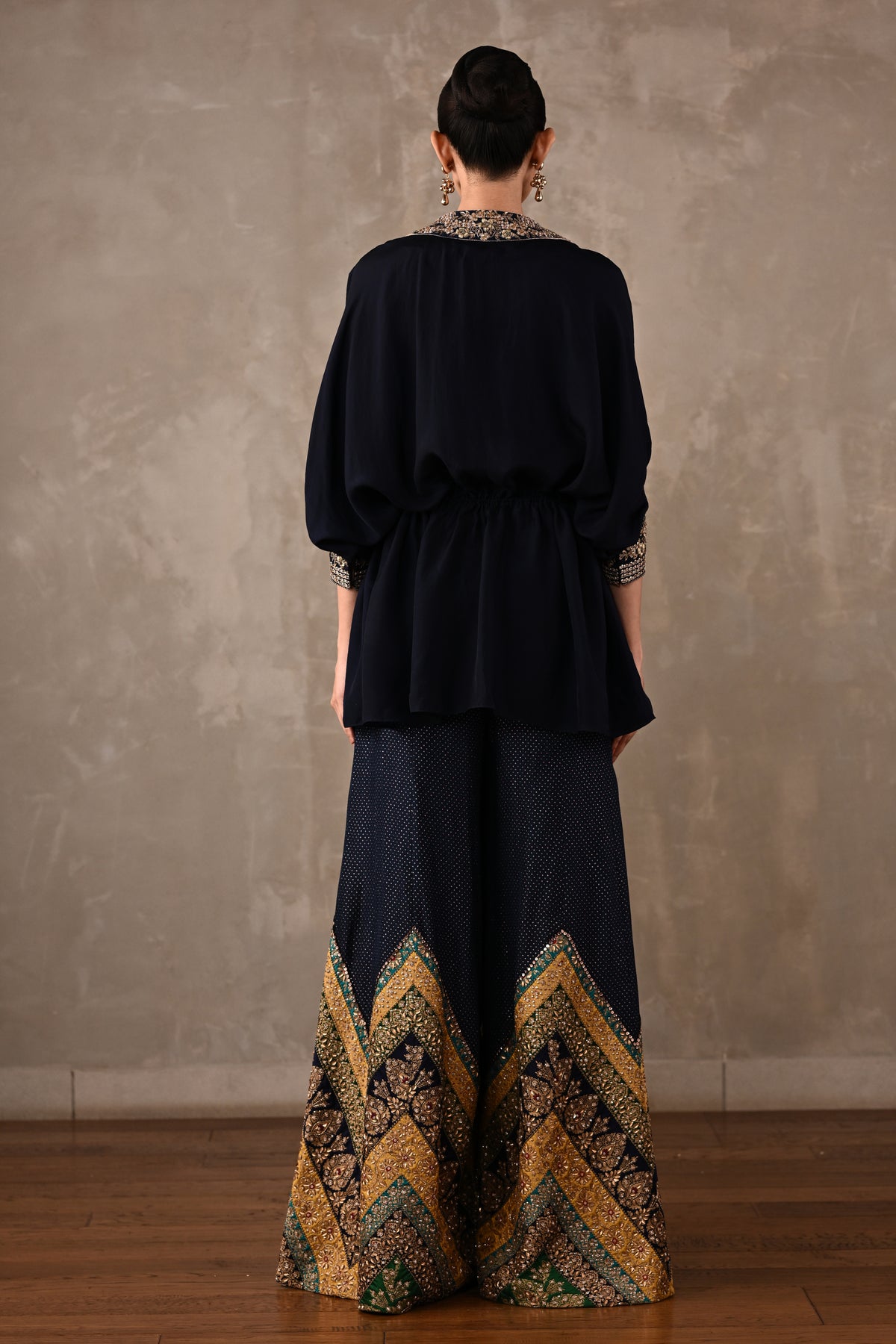 Drawstring Shirt & Chevron Embroidered Pants Set