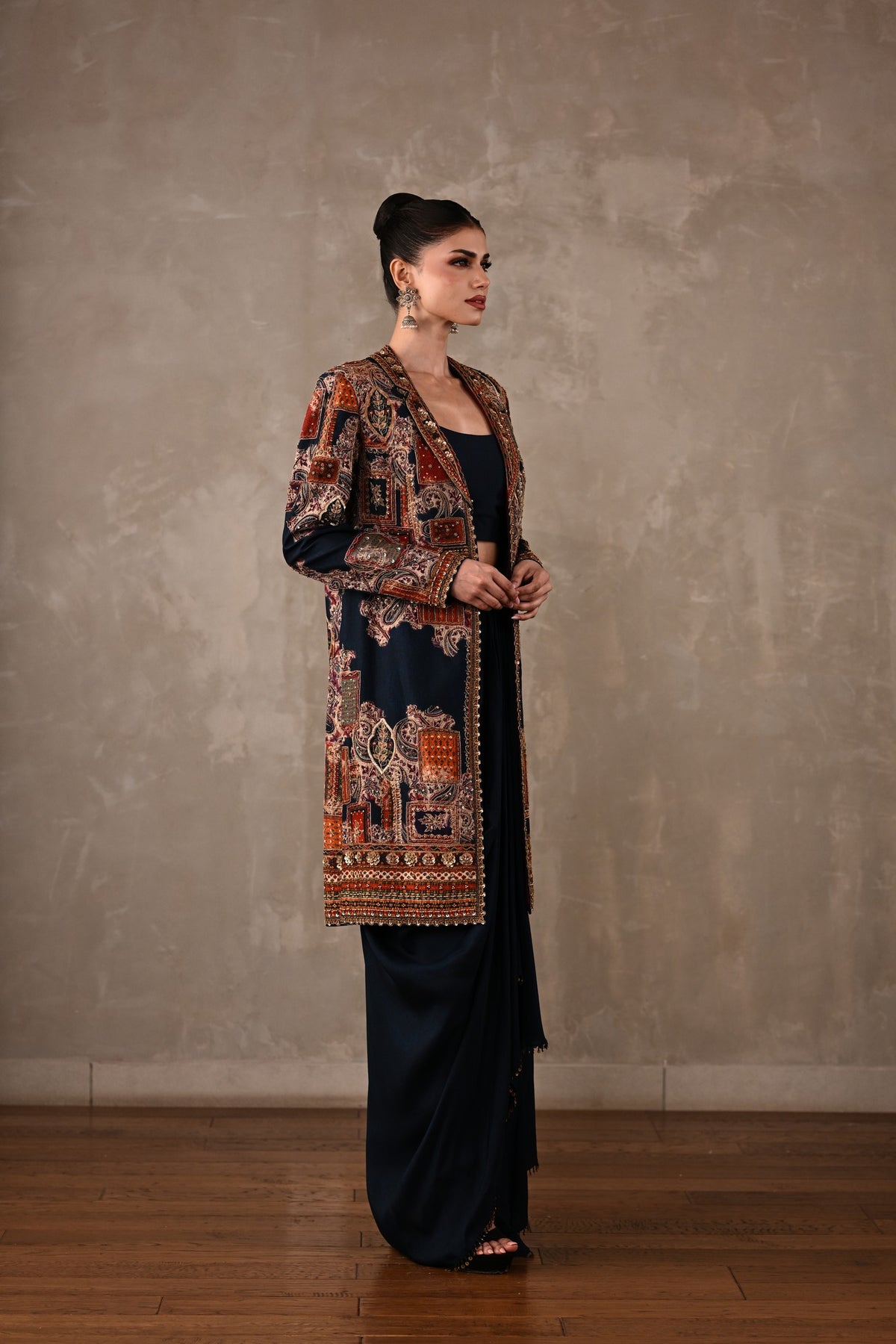 Patchwork-Inspired Long Jacket Skirt Set