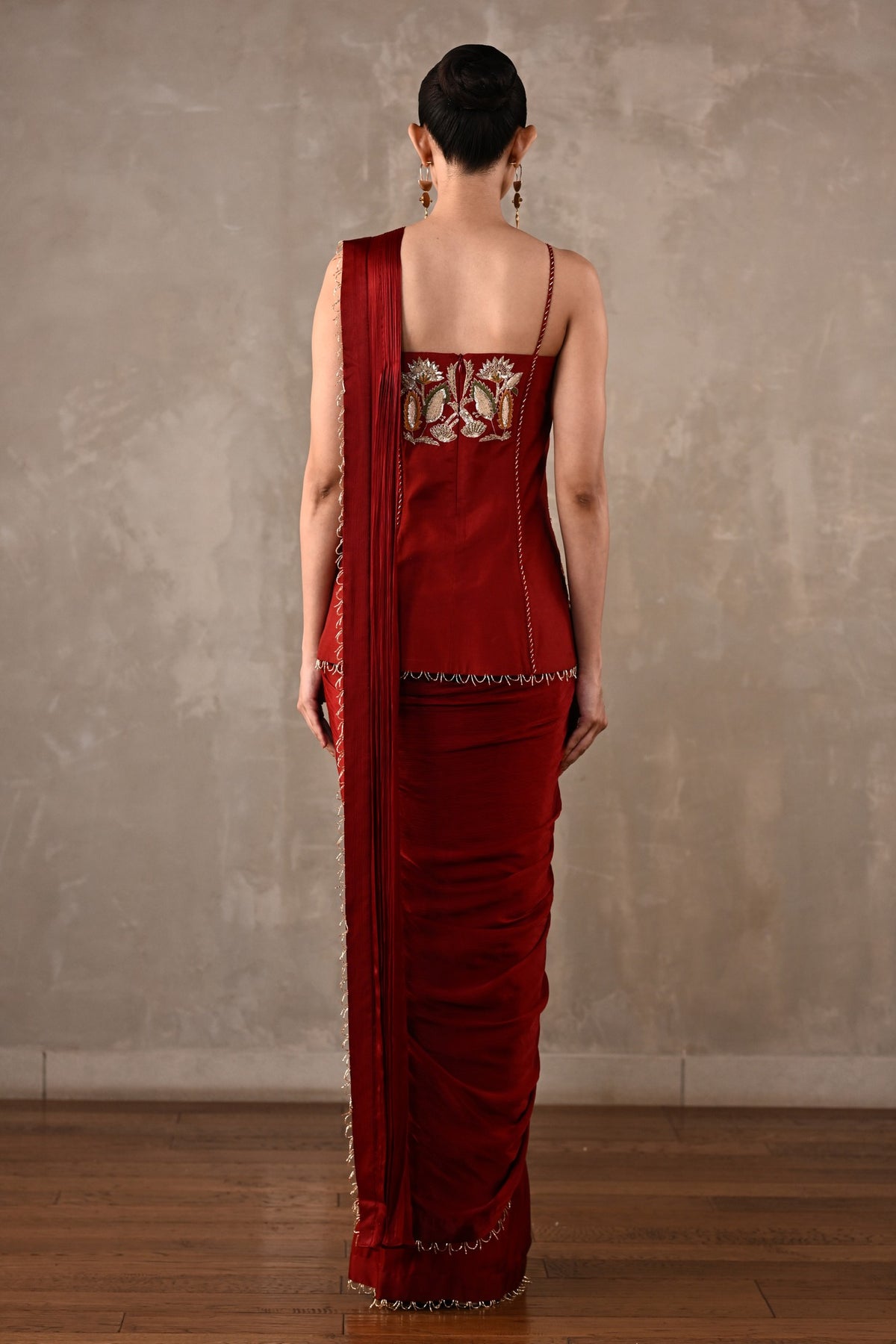 Floral Thread Embroidered Drape Saree Set