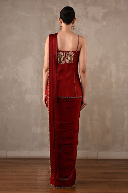 Floral Thread Embroidered Drape Saree Set