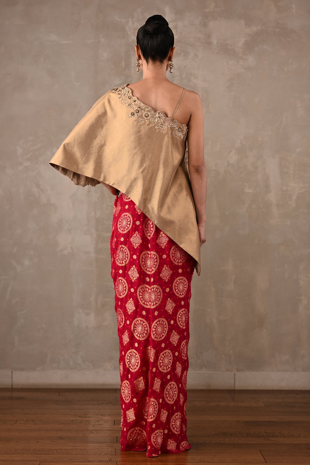 One-Shoulder Embroidered Top & Banarasi Skirt Set