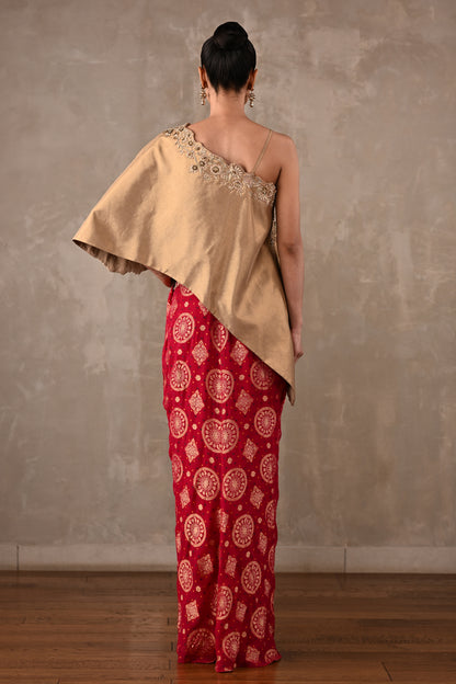 One-Shoulder Embroidered Top & Banarasi Skirt Set