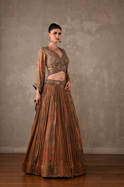 Printed Satin Cut-out Lehenga Set