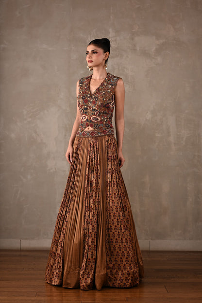 Embroidered Printed Satin Lehenga Set