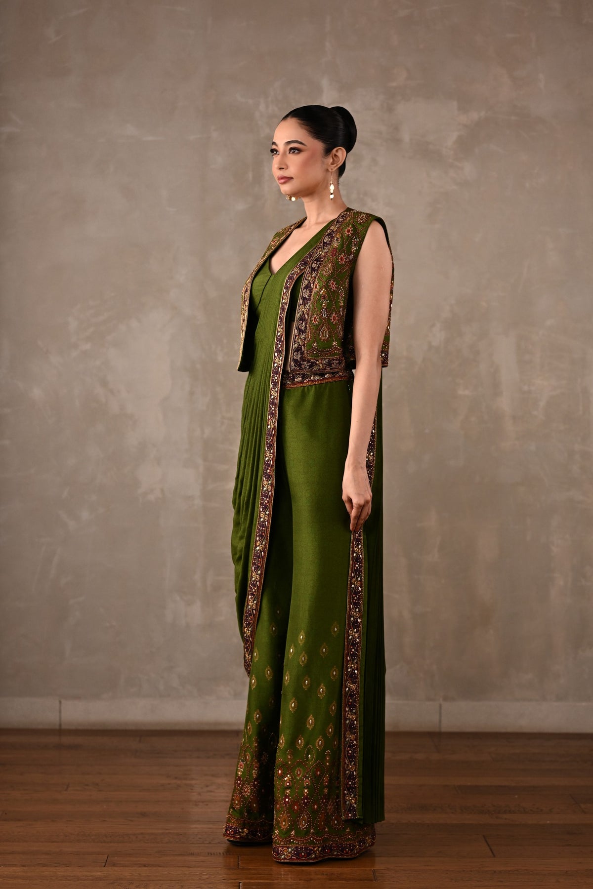 Printed Embellished Drape Pants & Cropped Jacket Set