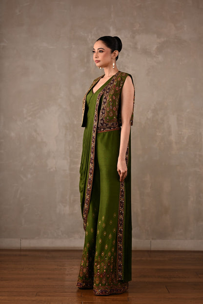 Printed Embellished Drape Pants & Cropped Jacket Set