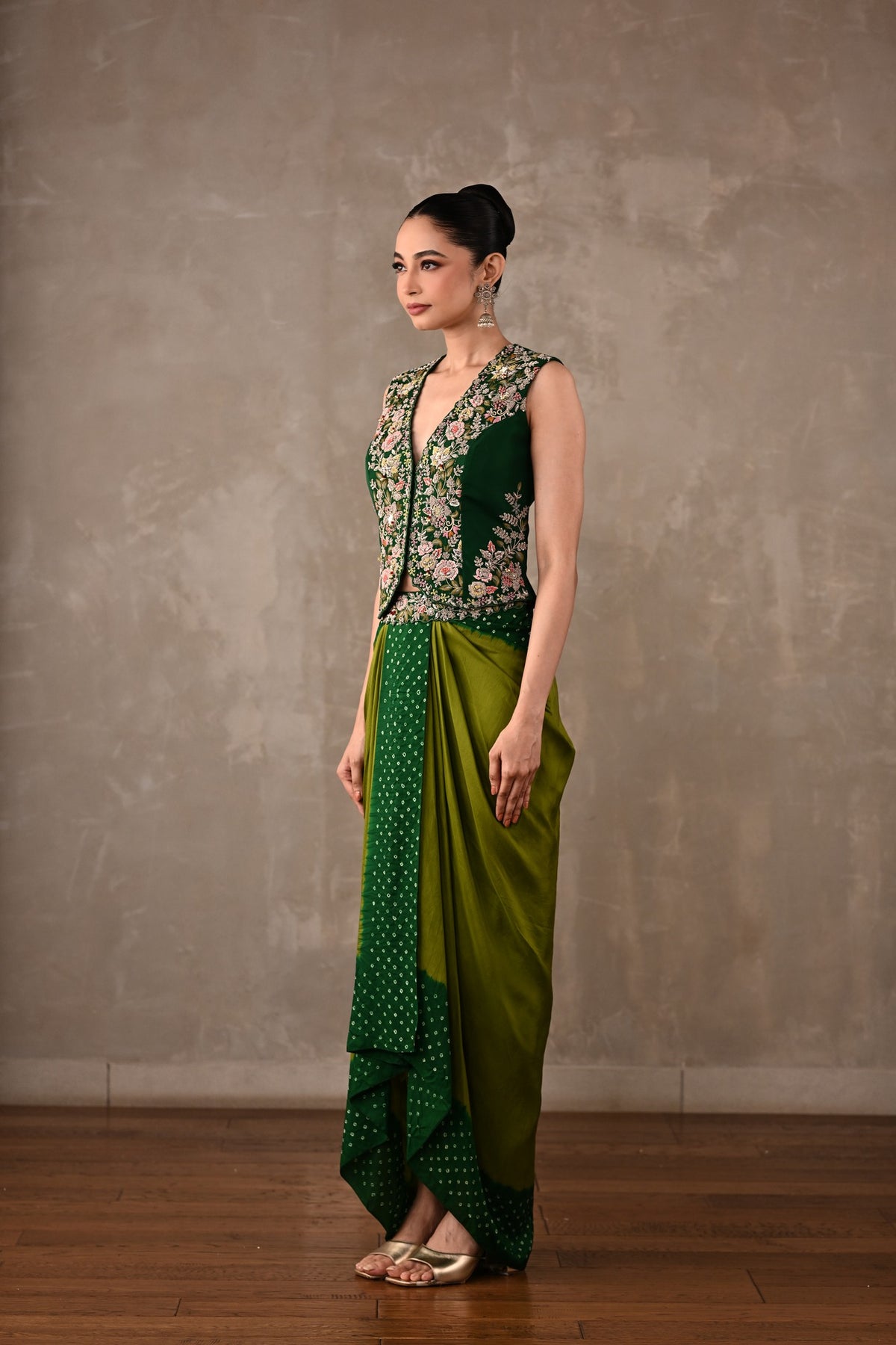Zardosi Embroidered Top & Bandhej Drape Skirt Set