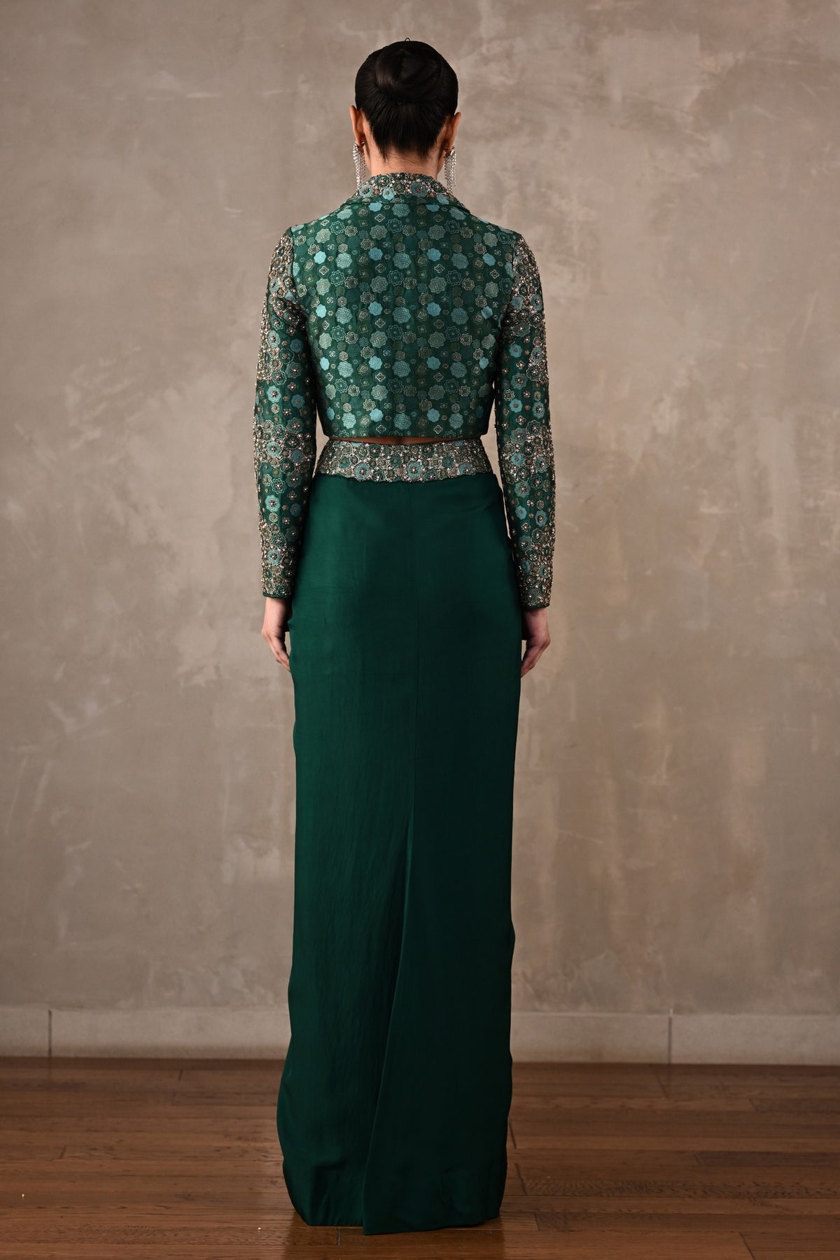Embellished Crepe Drape Skirt & Cropped Jacket Set