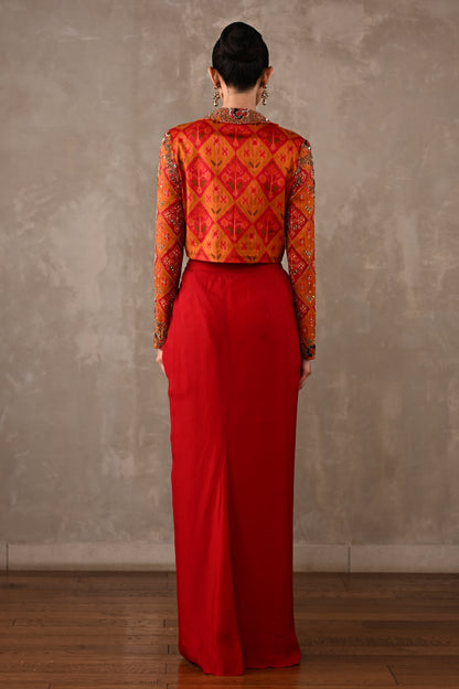 Pochampally Cropped Jacket & Drape Skirt Set