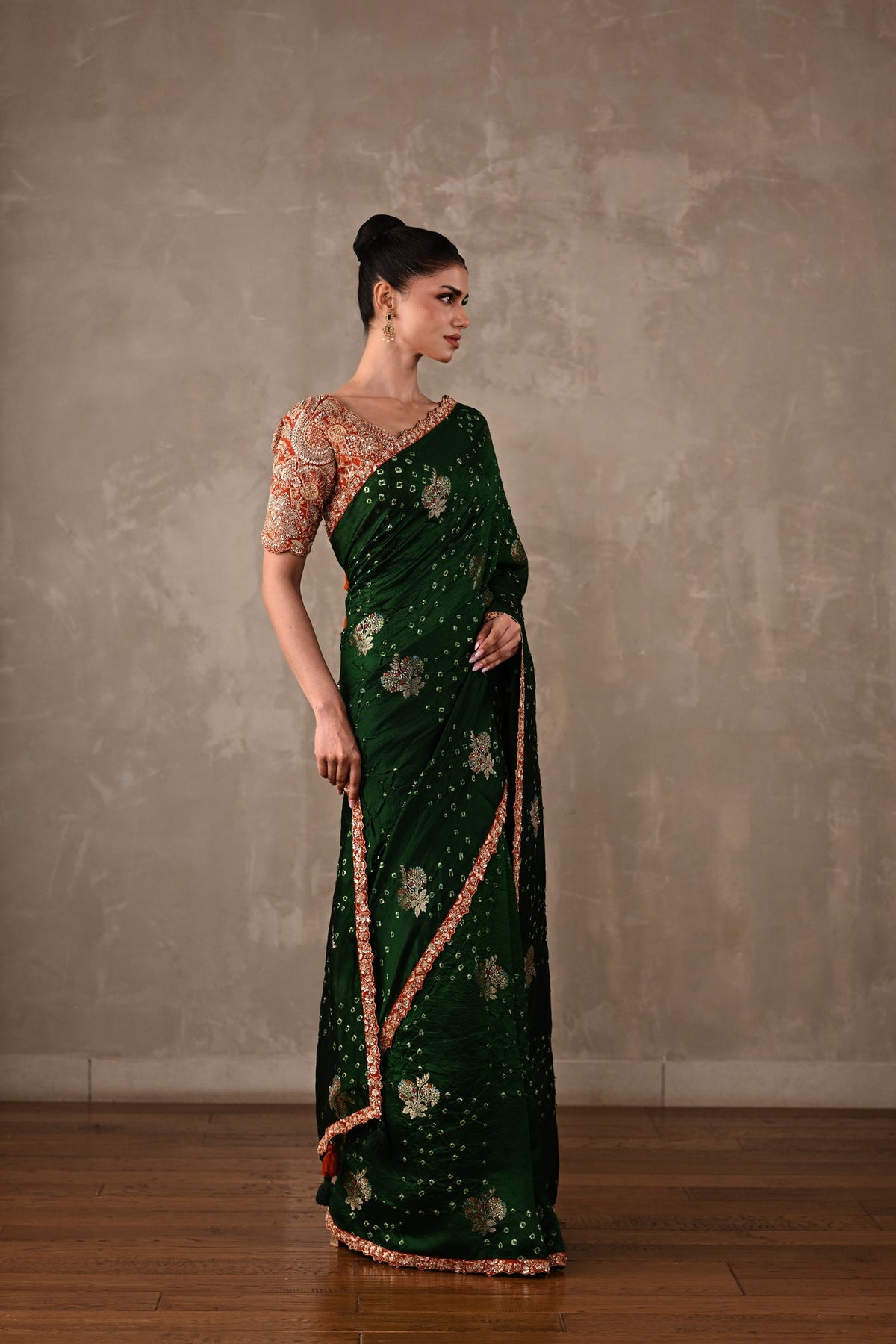 Katan Silk Bandhej Saree with Embroidered Blouse